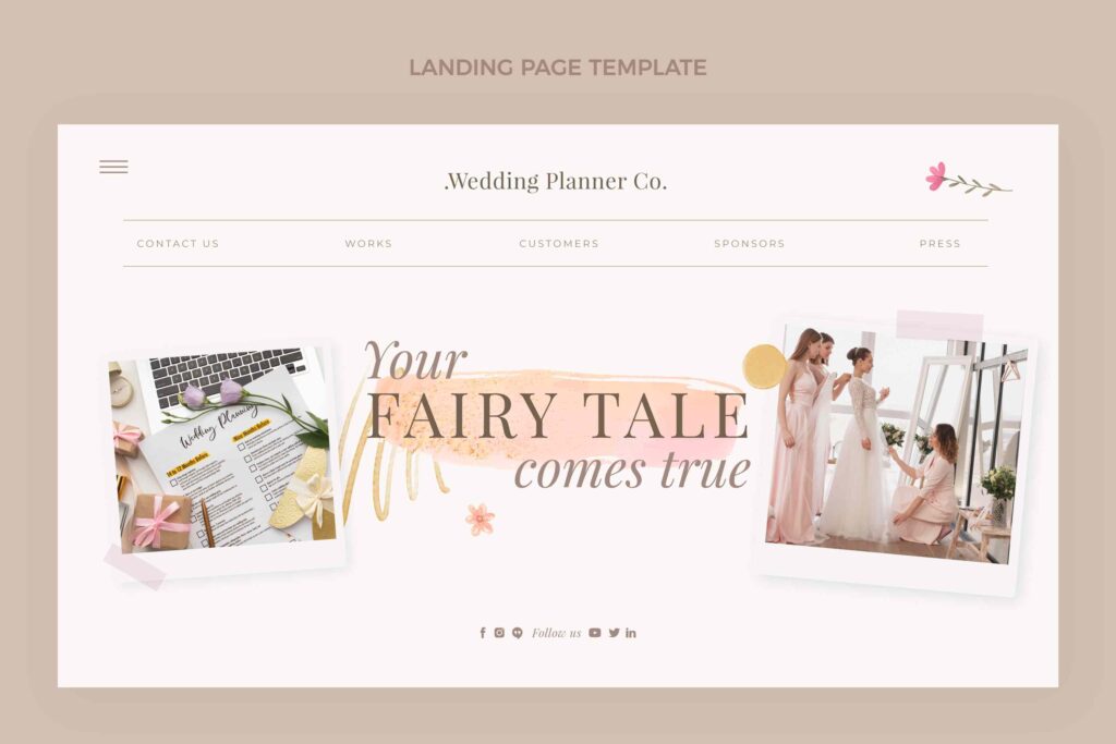 Wedding planner website landing page with a fairytale wedding theme and organized features