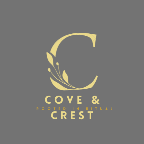 A Capital Floral C with the brand name " Cove & Crest - Rooted in ritual" below