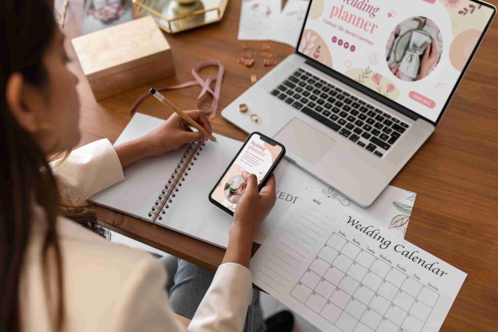 A bride planning her wedding events with a personalized wedding website open on her laptop