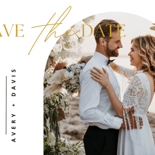 A background image of a couple in a save the date card