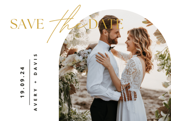 A background image of a couple in a save the date card